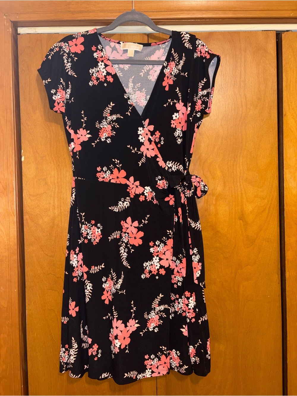 Michael Kors Black Midi Wrap Dress with Coral Pink Floral Print